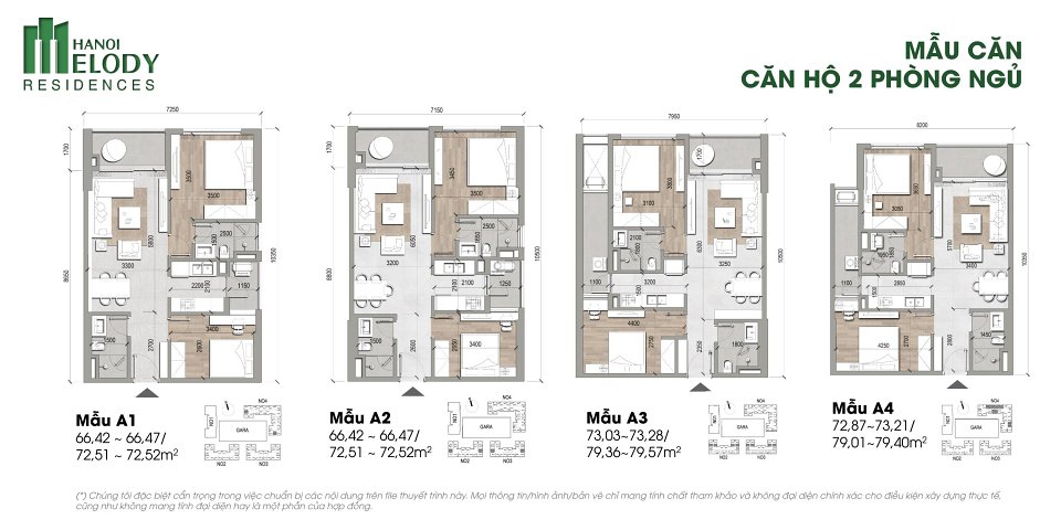 Thiết kế căn hộ 2 phòng ngủ diện tích 66,5 – 73,2m2