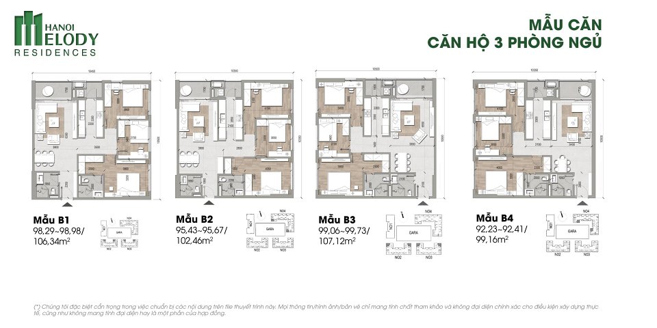 Mẫu căn hộ 3 phòng ngủ diện tích 92 – 99m2